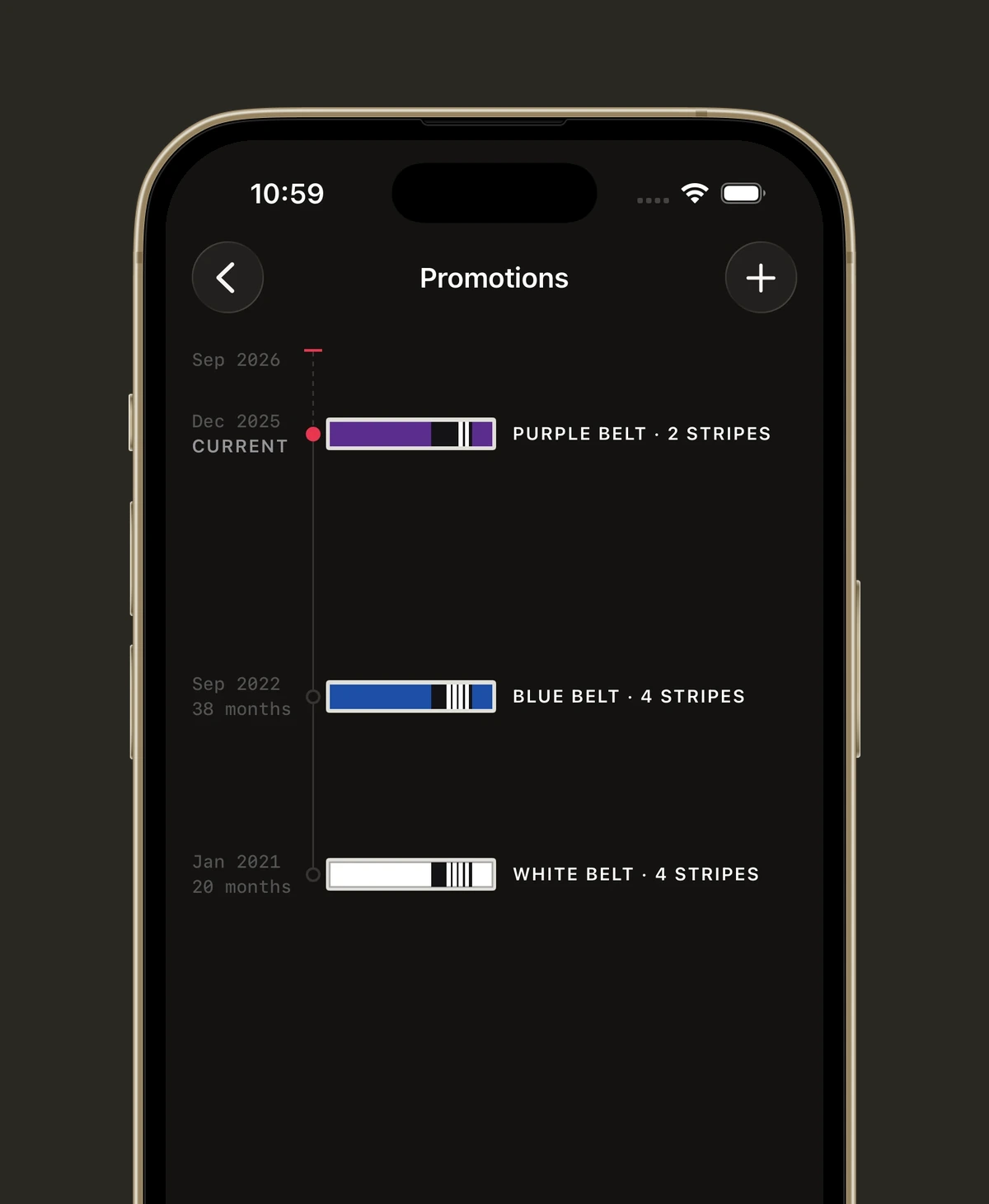The Promotions screen: purple belt with two stripes marked current at December 2025, blue belt with four stripes held thirty-eight months from September 2022, and white belt with four stripes held twenty months from January 2021. Above the current rank the rail continues as a dashed run up to August 2026.