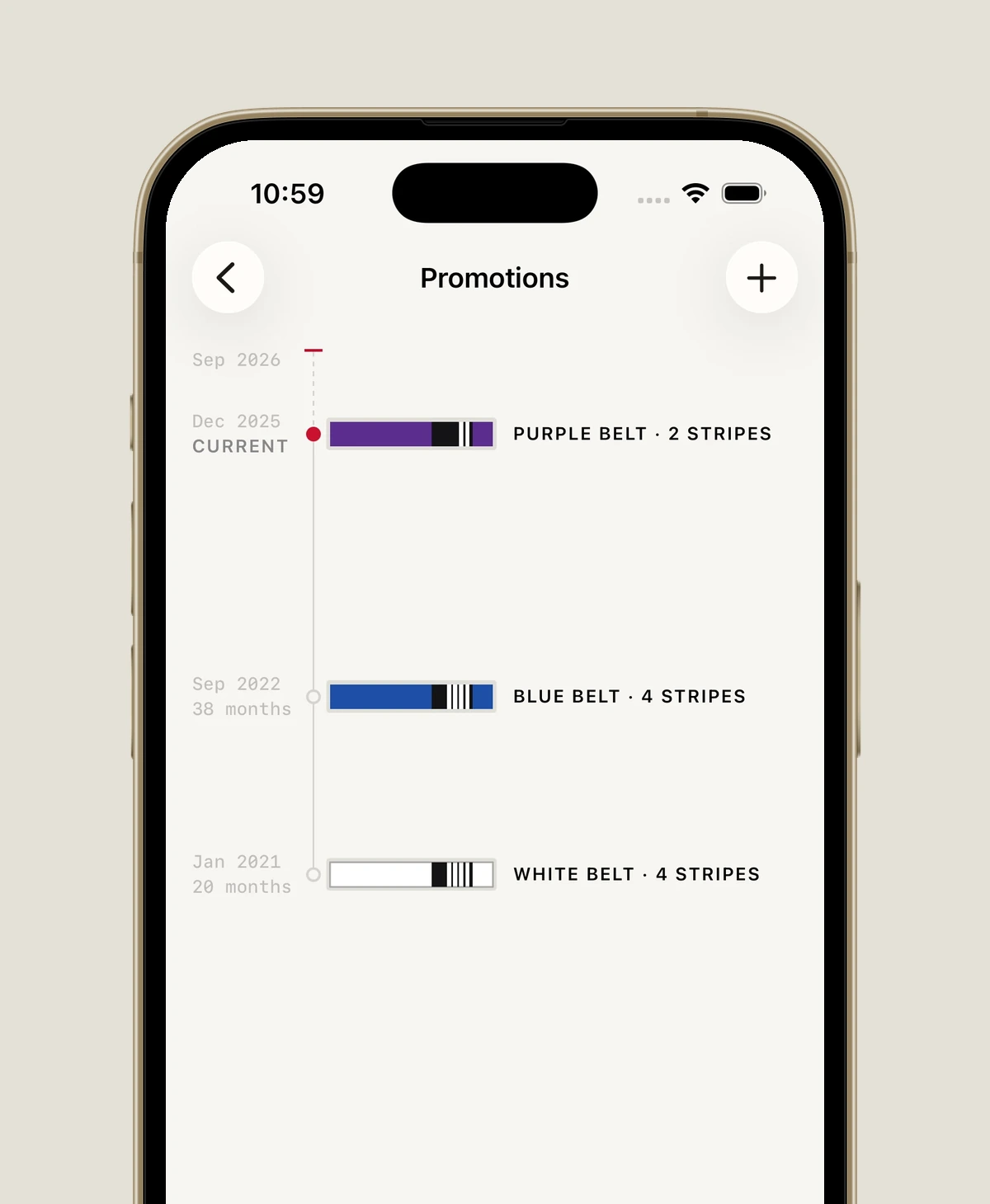 The Promotions screen: purple belt with two stripes marked current at December 2025, blue belt with four stripes held thirty-eight months from September 2022, and white belt with four stripes held twenty months from January 2021. Above the current rank the rail continues as a dashed run up to August 2026.