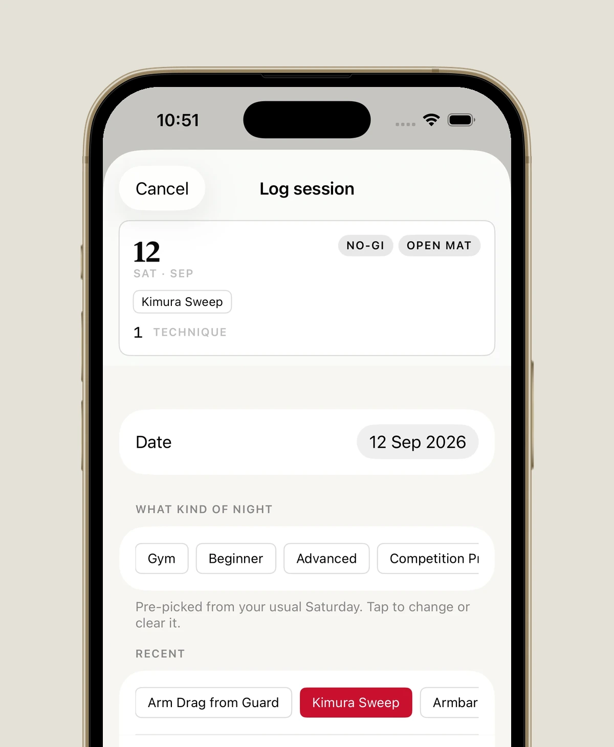 The log sheet, dated today and pre-marked No-Gi open mat from the usual Saturday, with Kimura Sweep tapped from the row of techniques it already knows you have been drilling. The save bar reads Save, one technique. No keyboard is on screen.