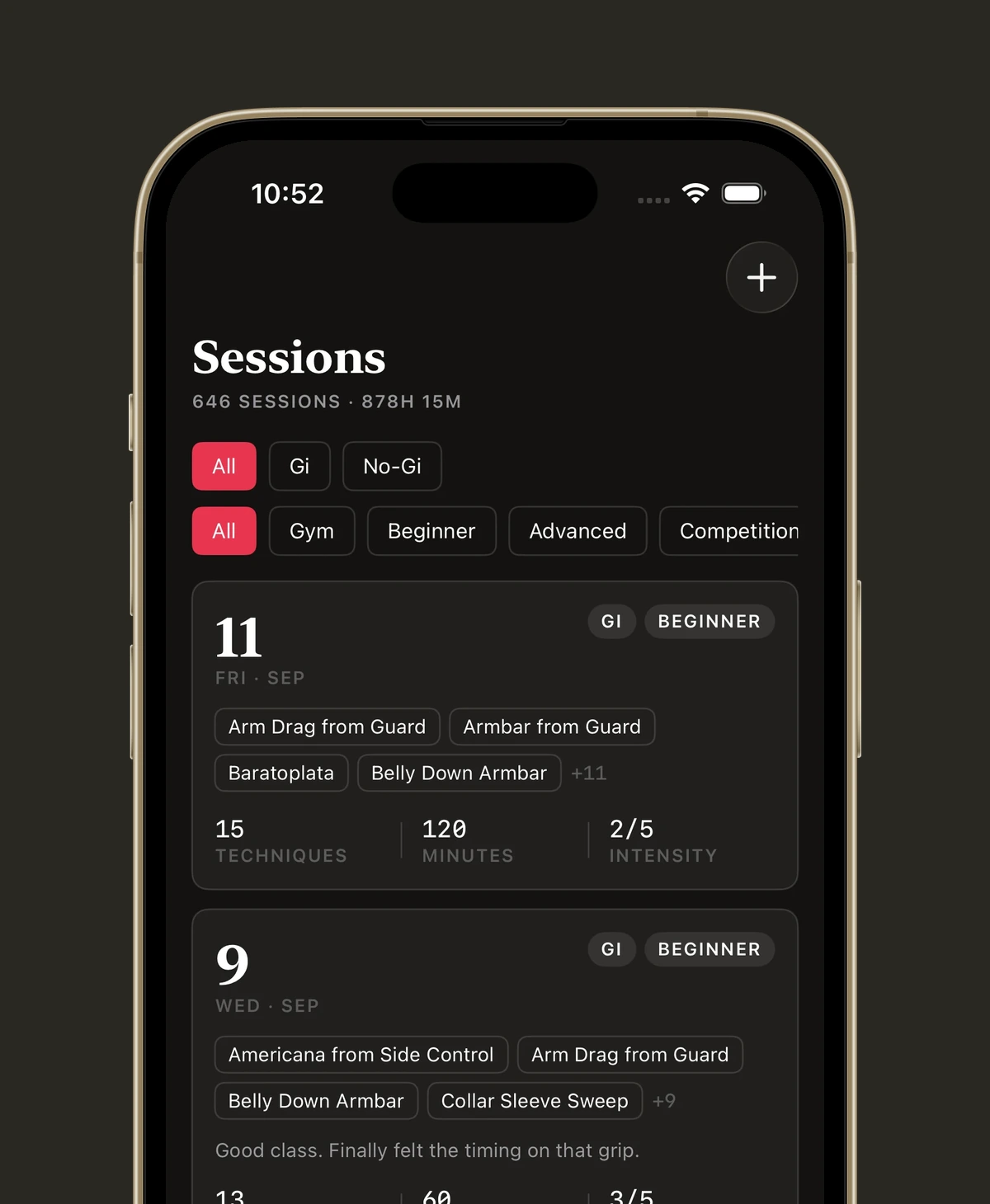 The Sessions tab: 646 sessions and 878 hours under the heading, filter chips for gi and class type, and the last three nights drawn as cards carrying their techniques, minutes, rounds and intensity.