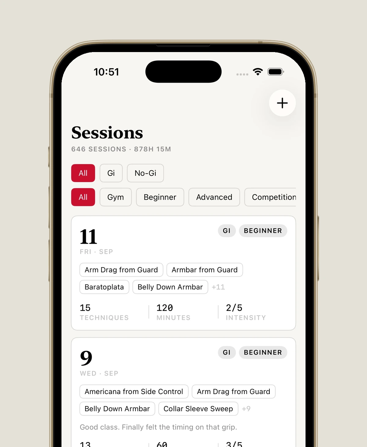 The Sessions tab: 646 sessions and 878 hours under the heading, filter chips for gi and class type, and the last three nights drawn as cards carrying their techniques, minutes, rounds and intensity.