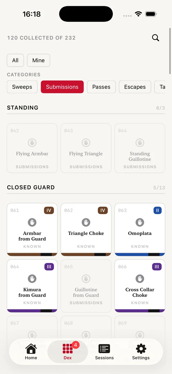 The Dex, showing 120 of 232 techniques collected, with brown, blue and purple belt bands on the cards that have been earned and grey silhouettes on the ones that have not